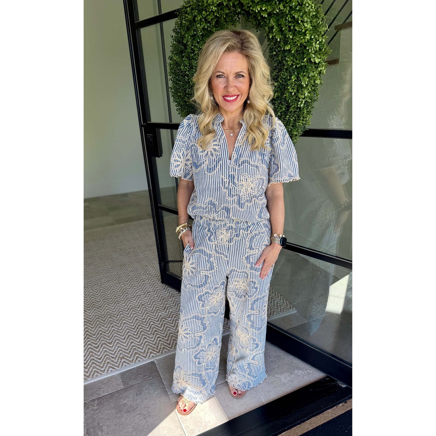 THML - Striped, Embroidery Detail Short Sleeve Top & Pants Set 3652 / 3653 - Blue