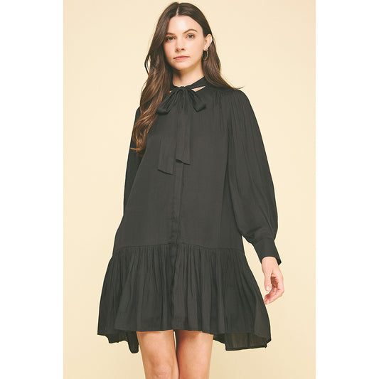 Pinch - Tiered Mini Dress With Tie Neck 6115 - Black.