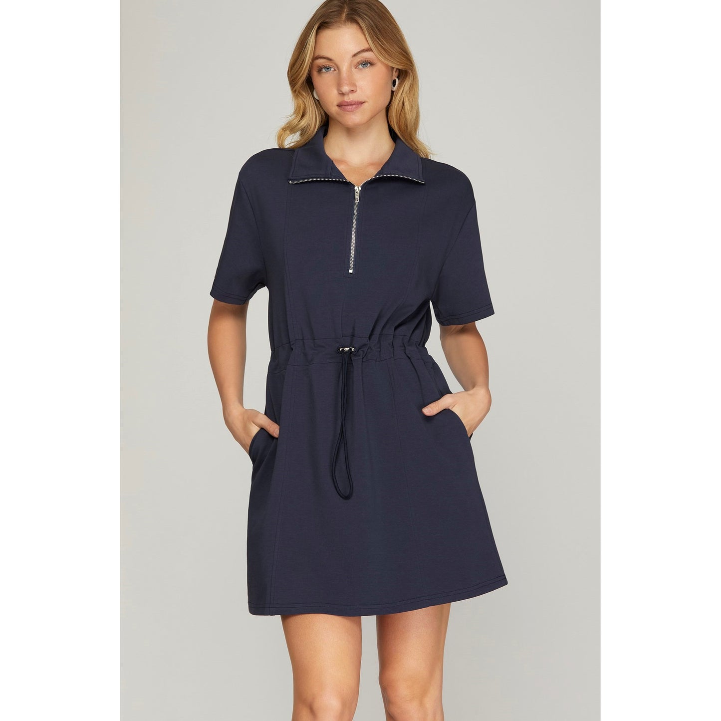 SS - Half Sleeve, Half Zip, Drawstring Waist Scuba Dress w Pockets 7584 - Navy