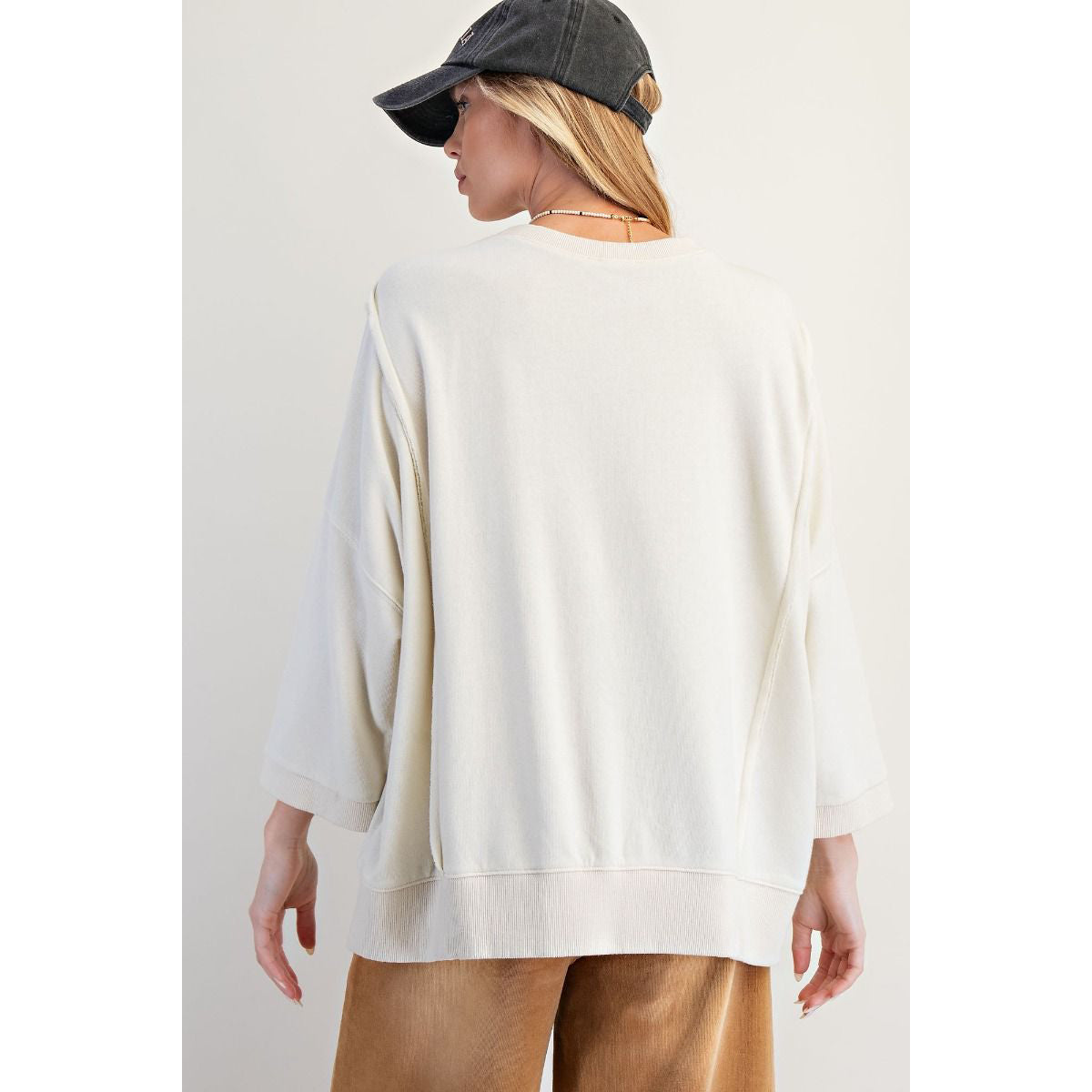 Easel - Bow Patch, Oversized, Washed, Terry Pullover Sweater Top 8101 - Cream