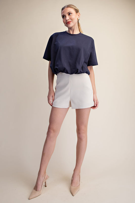 Cropped Bubble Hem T-Shirt Top – Navy