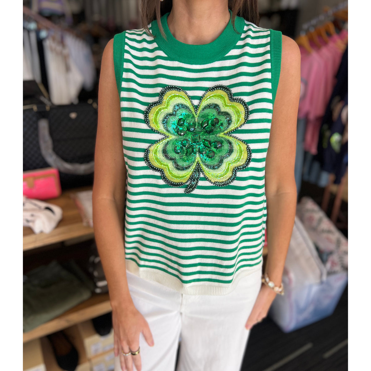Queen of Sparkles - Striped Shamrock Tank Top 26550 - Green - SALE