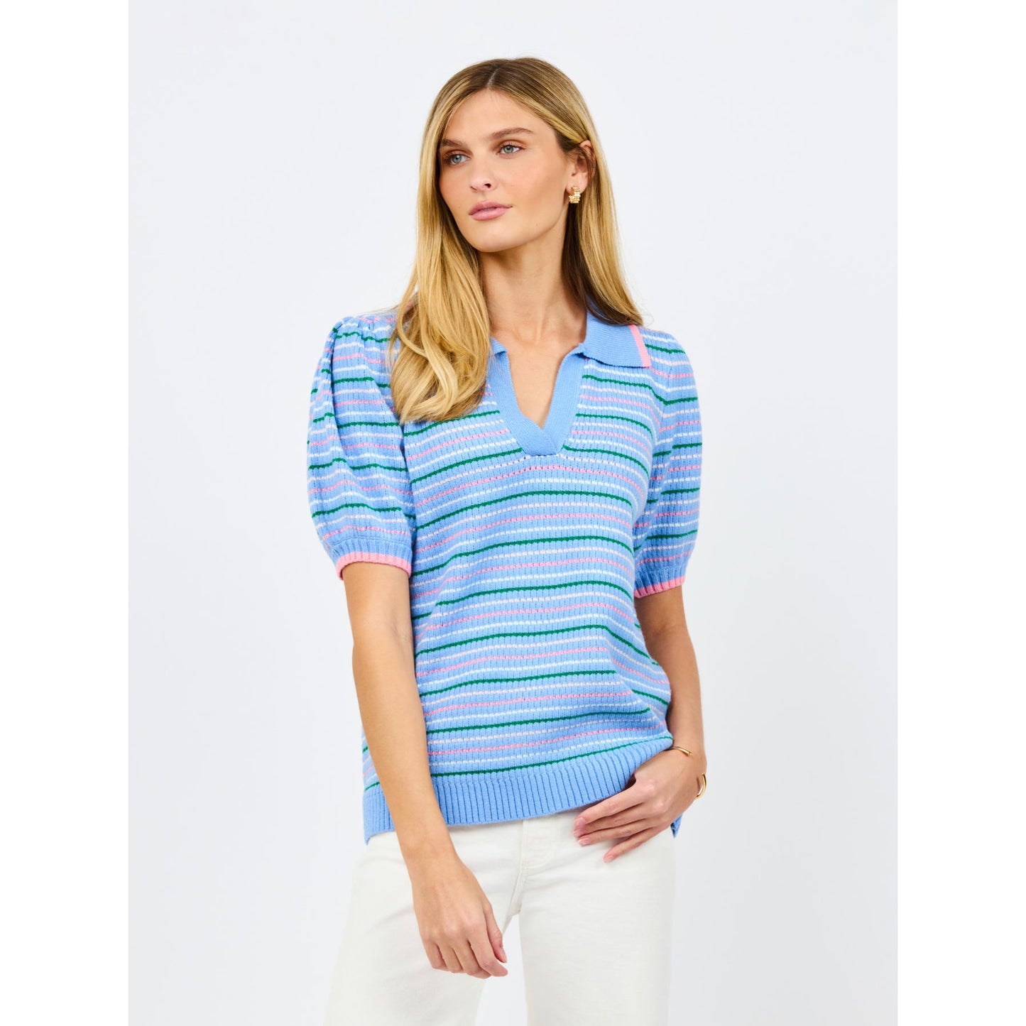 Emma Collared Puff Sleeve Sweater – Blue Multi Stripe - SALE was $74.95