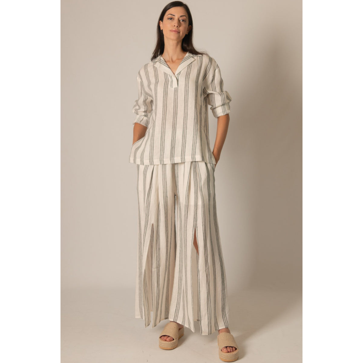 BYC - Striped, Linen, Wide Leg Pants w Front Slits 0141 - Ivory/Black