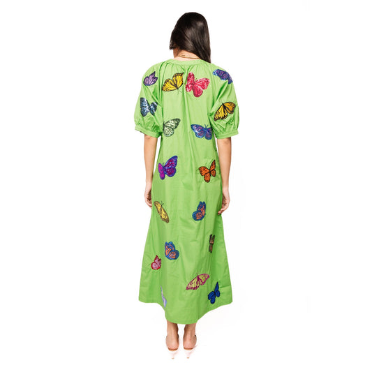 Queen of Sparkles - Multi Butterfly Button Up Cotton Midi Dress - Green