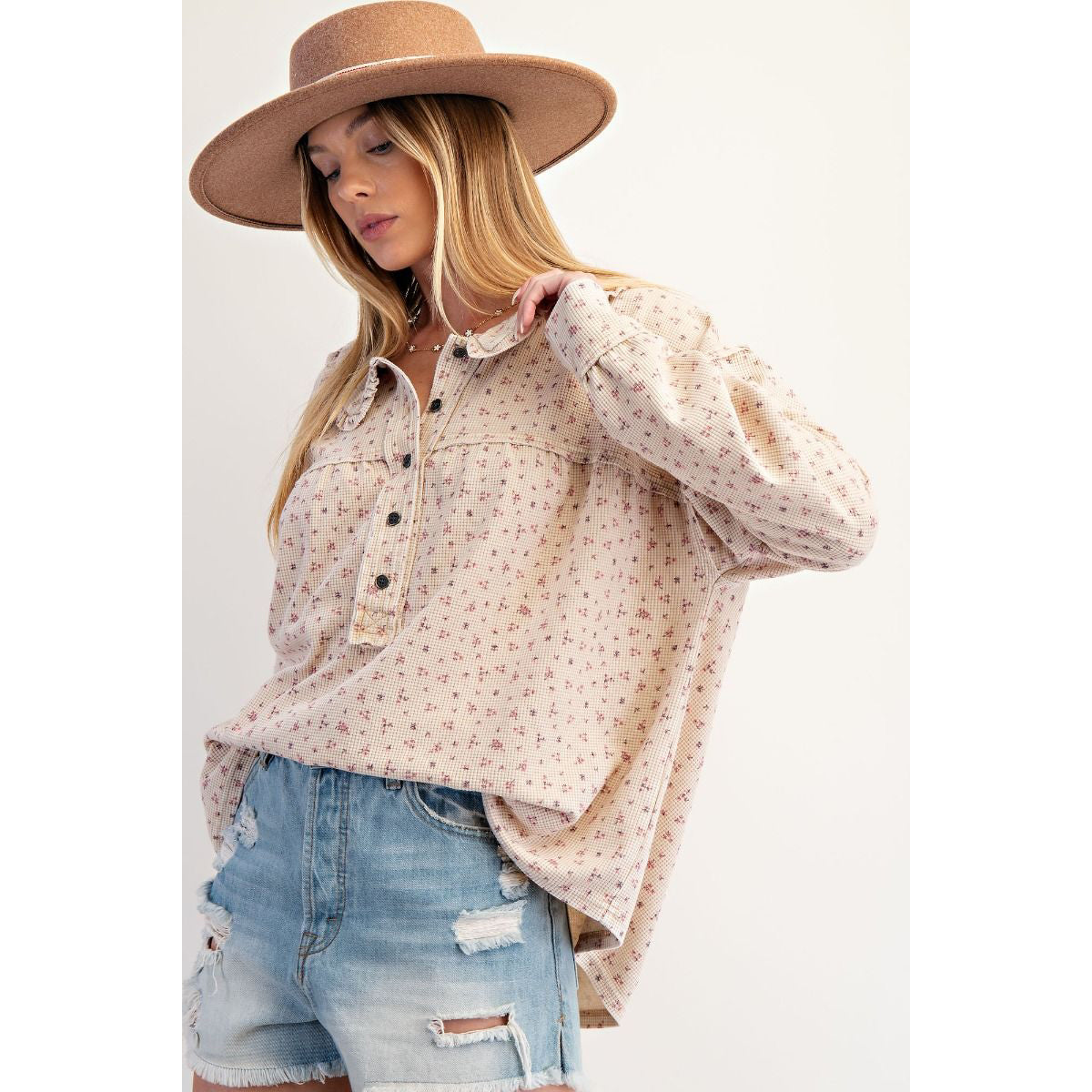EL - Floral Print, Thermal Washed Top 7243 - Ecru
