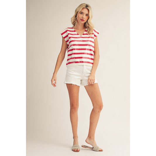 Red Sequin Stripe Sweater Top – V-Neck Sleeveless Knit 5883