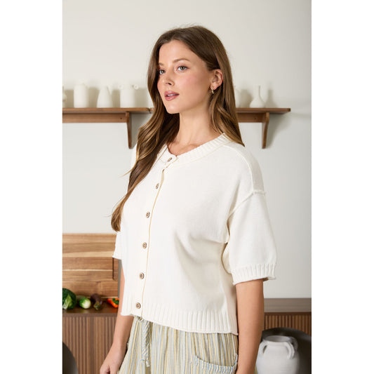 BP - Raw Edge Detail, Short Sleeve, Cardigan Top 1028 - Cream