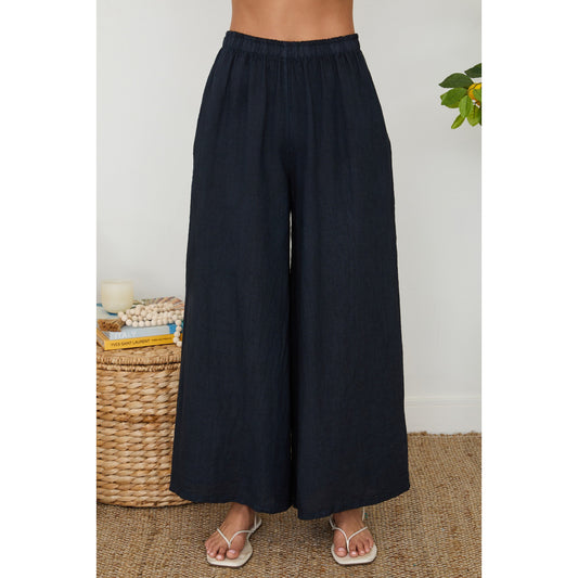 Milio Milano Wide Leg Palazzo Linen Pants with Pockets – Navy