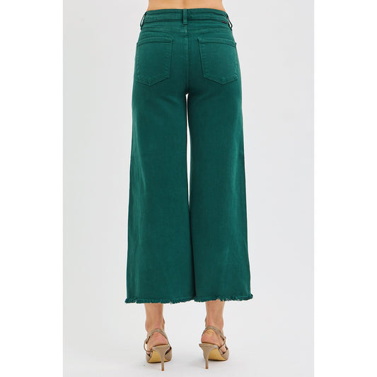 Risen - Tummy Control, High Rise, Crop Wide Jeans 5506 - Hunter Green - SALE