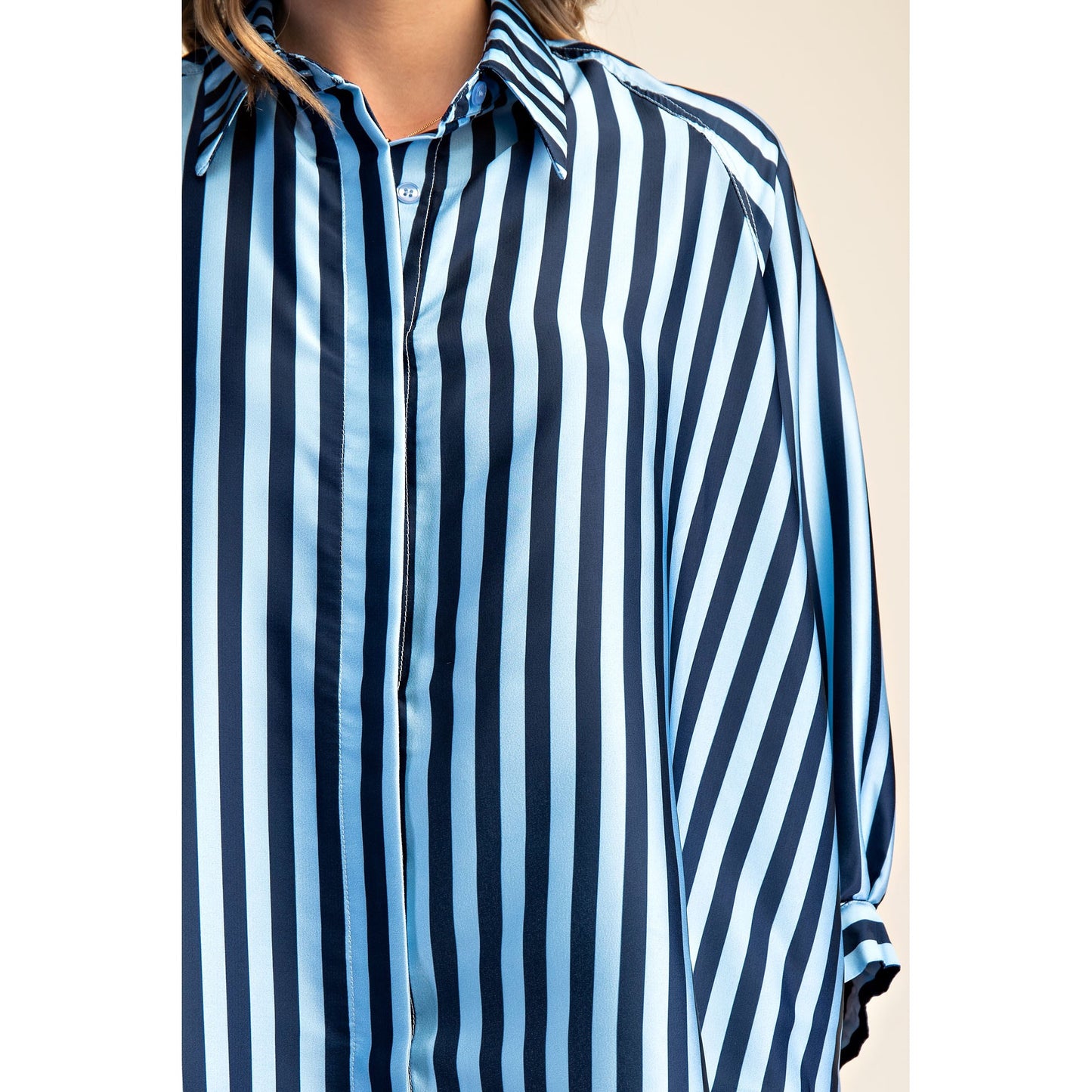 Oversized Blue Stripe Button Down Shirt with Balloon Dolman Sleeves 8932