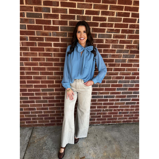 RDI - Rae, Long Sleeve, V-Neck, Collar Tie Top 042 - Smoke Blue.