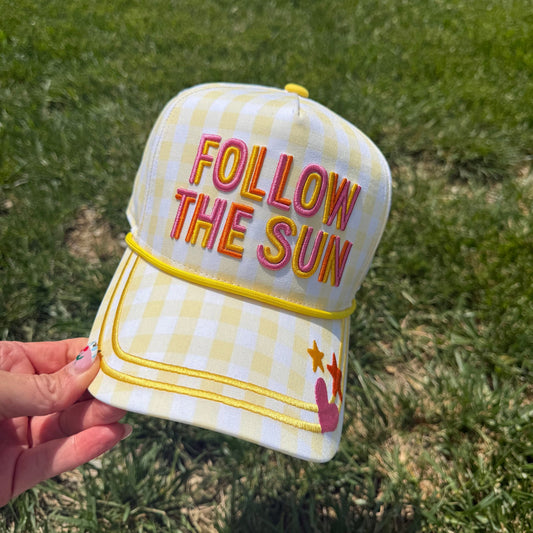 'Follow the Sun' Embroidered Gingham Trucker Hat