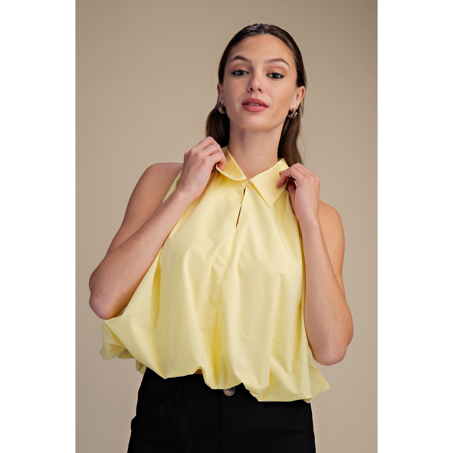 Bubble Hem Sleeveless Blouse β Butter Yellow Collared Flowy Top 9649