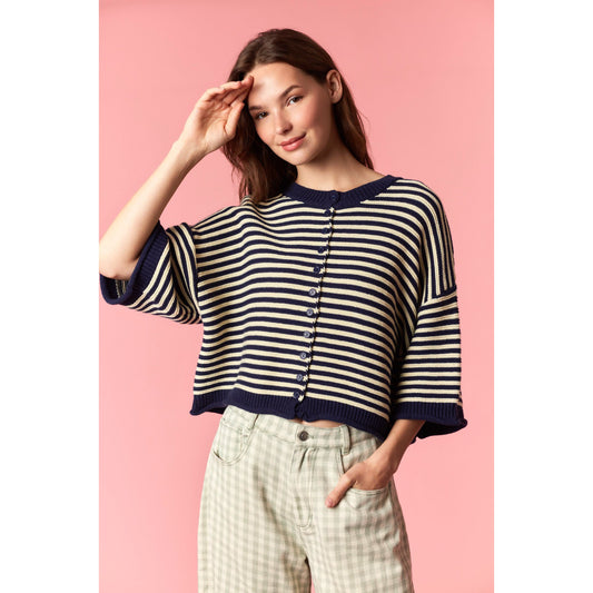 Striped Half Sleeve Oversize Cardigan - Navy / Ivory