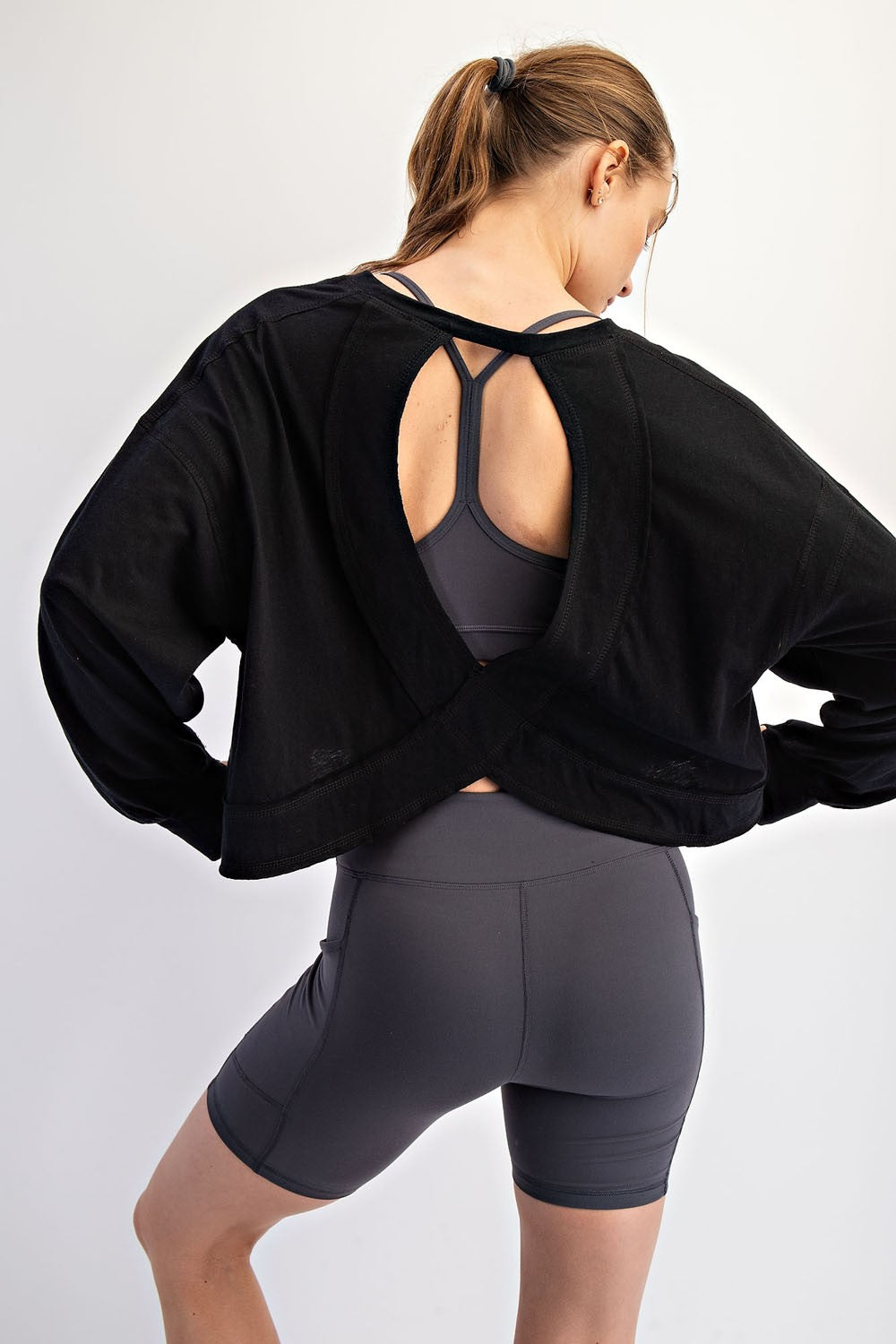 Rae Mode - Cotton, Slub Open Back, Long Sleeve Top 0089 - Black