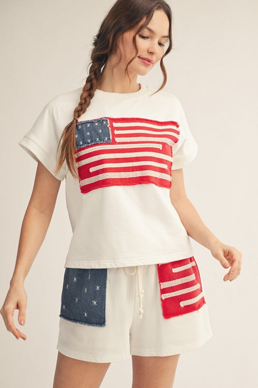 American Flag Patched Washed Casual Set 7152/7153 - Ivory