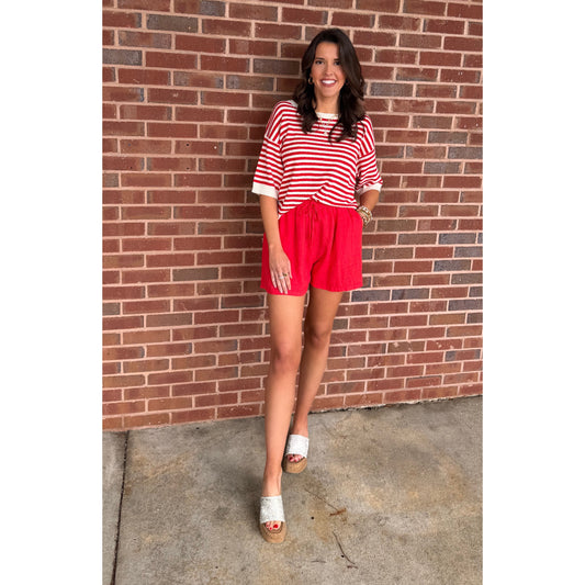 BP - Striped, Exposed Seam, Henley Boxy Top 1022 - Red