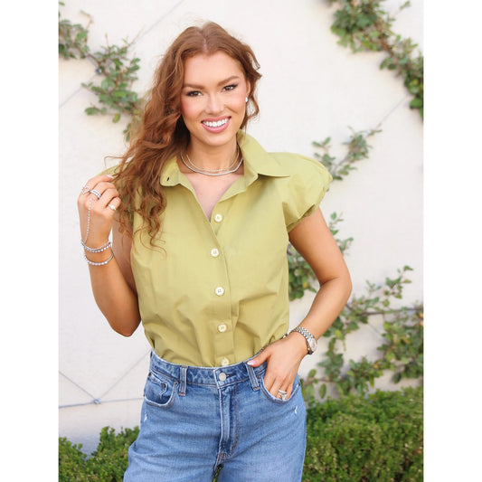 Karlie Solid Poplin Bubble Sleeve Button Top – Citrine