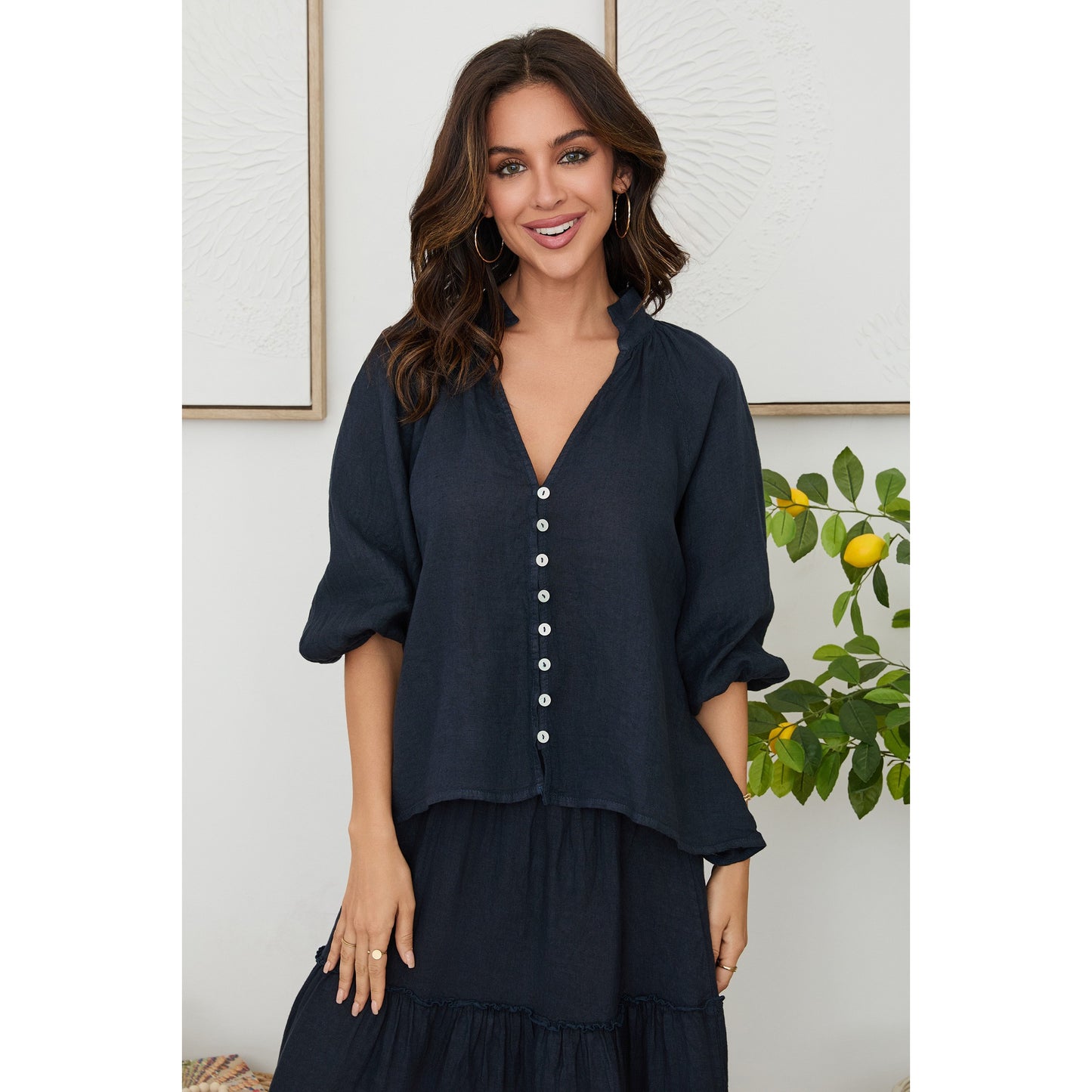 Milio Milano Linen Balloon Sleeve V-Neck Top – Navy