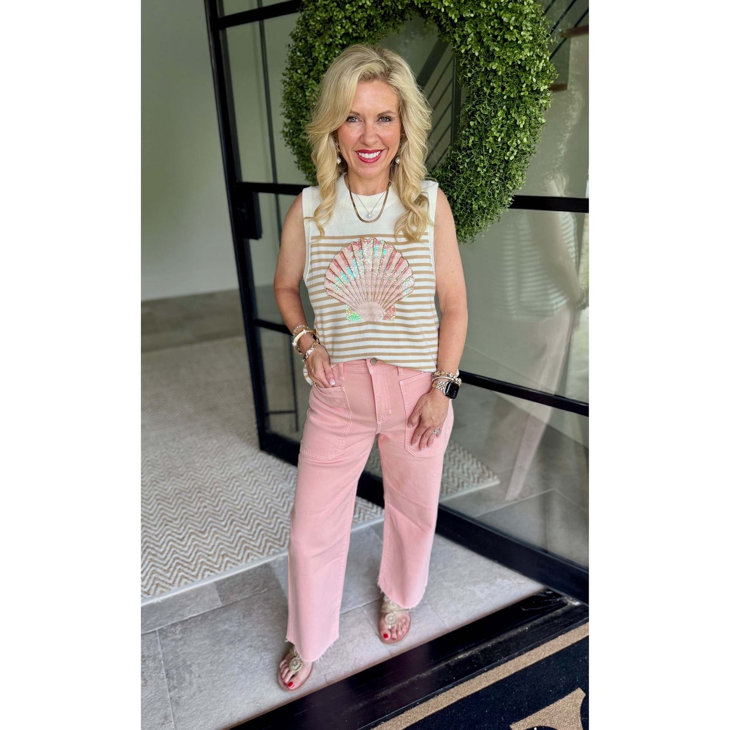Queen of Sparkles - Ivory & Tan Striped Shell Knit Tank Top πβ¨ - SALE