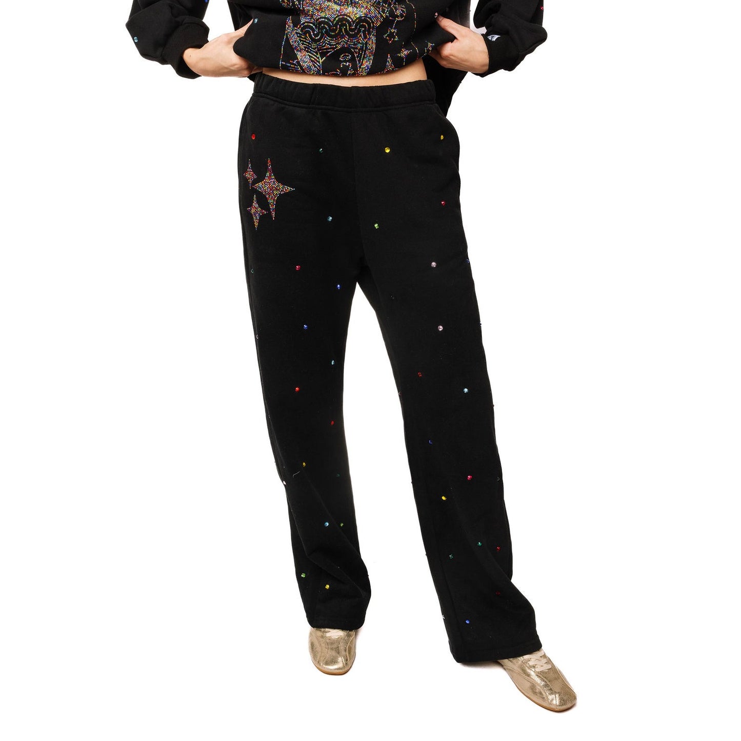 Queen of Sparkles - Rainbow Jeweled Sweatpants - Black