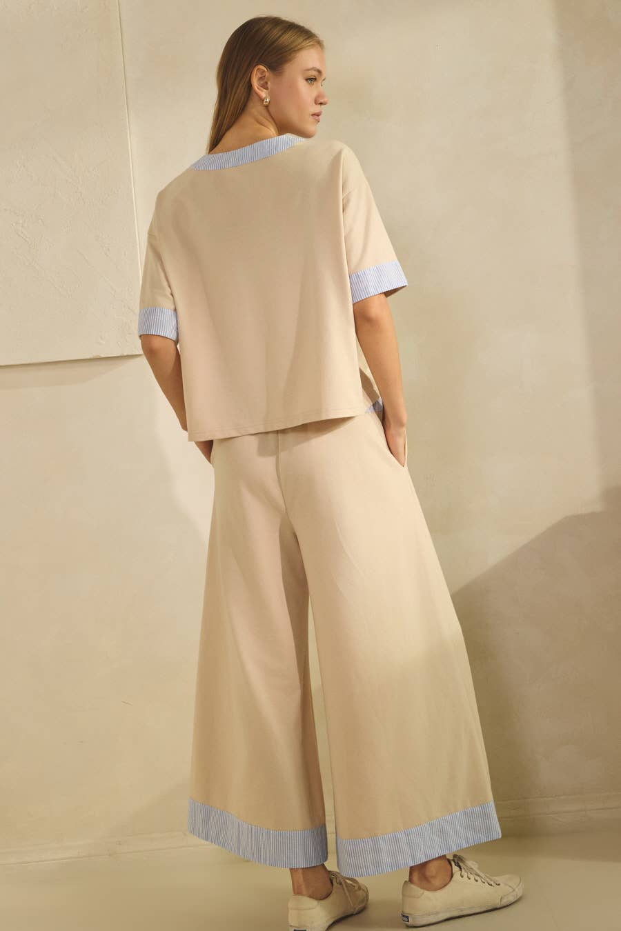 Contrast-trim Henley Top And Pants Set - Ivory