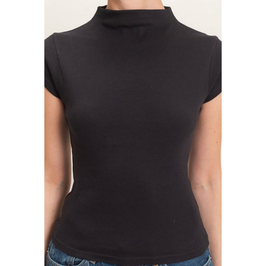 Mock Neck Cap Sleeve Cotton Top 323 – Black
