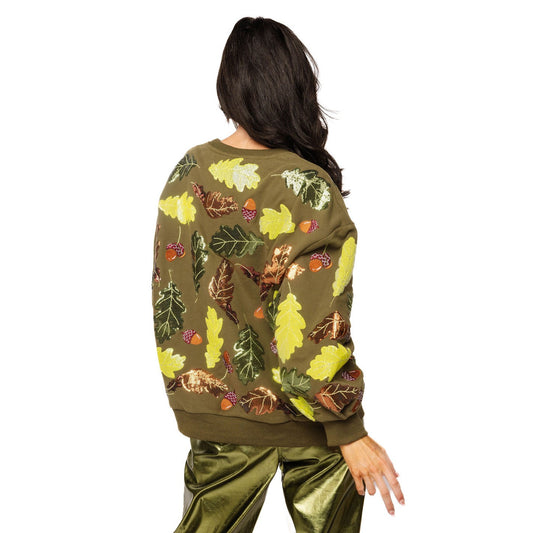 Queen of Sparkles - Sequin Turkey & Fall Leaves Sweatshirt – Olive Green