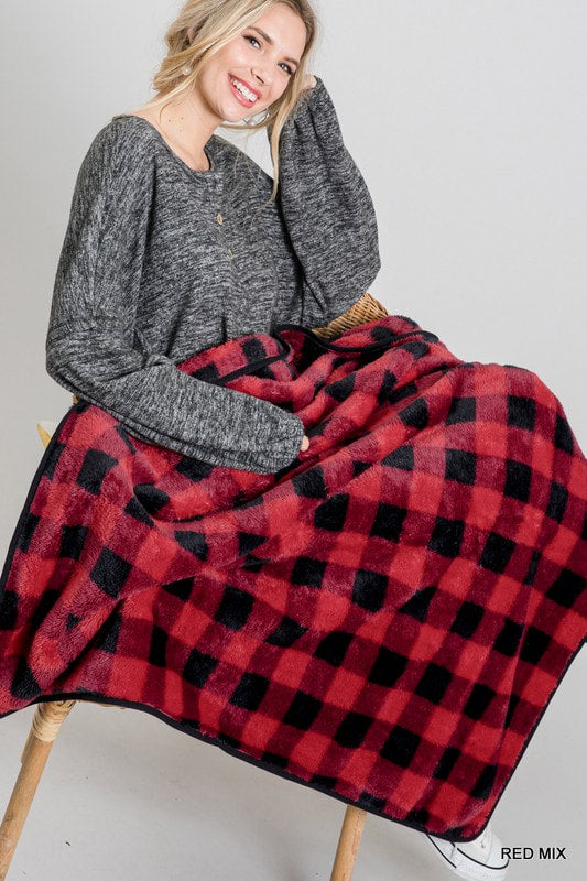 Checkered Faux Fur Blanket 7560 - Red Mix