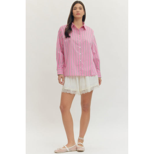 Entro - Striped, Long Sleeve Button Up Top 0121 - Pink