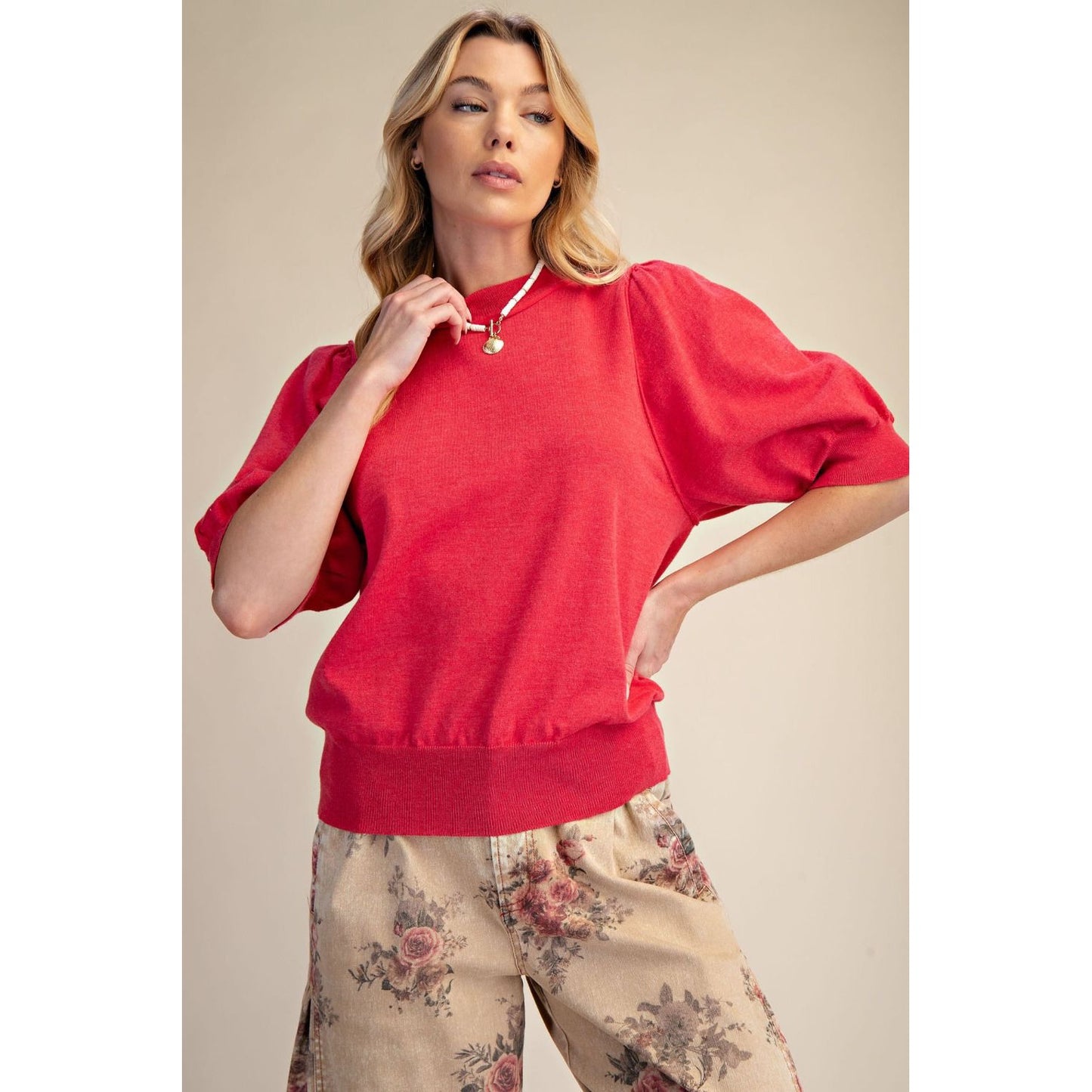 Short Puff Sleeve Knit Sweater Top 9799 - Red