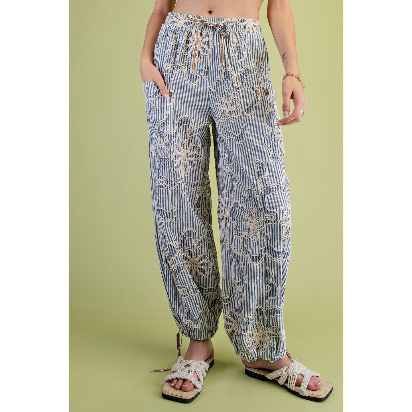 Easel - Striped, Embroidered, Relax Fit Pants w Pockets 0018 - Denim Blue