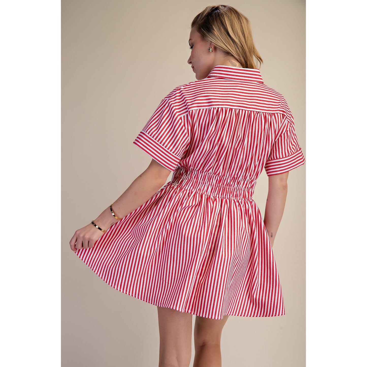 Red & White Stripe Shirt Dress – Cinched Waist Button Front Mini Dress 9648