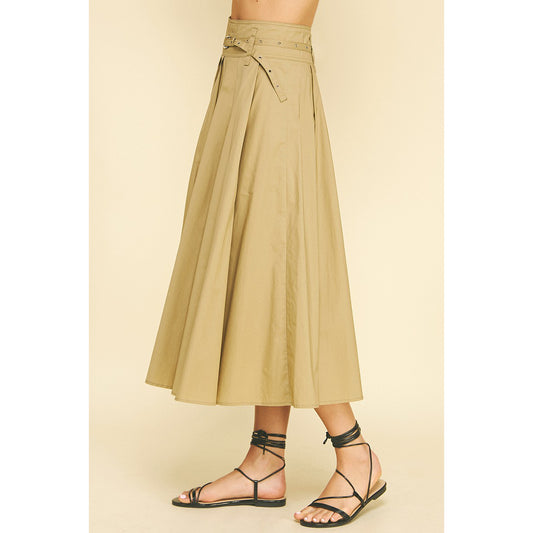 Pinch - Pleated A-line Midi Skirt With Belt 6413 - Khaki