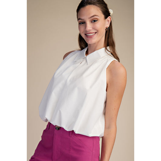Bubble Hem Sleeveless Blouse – Ivory Collared Flowy Top 9649