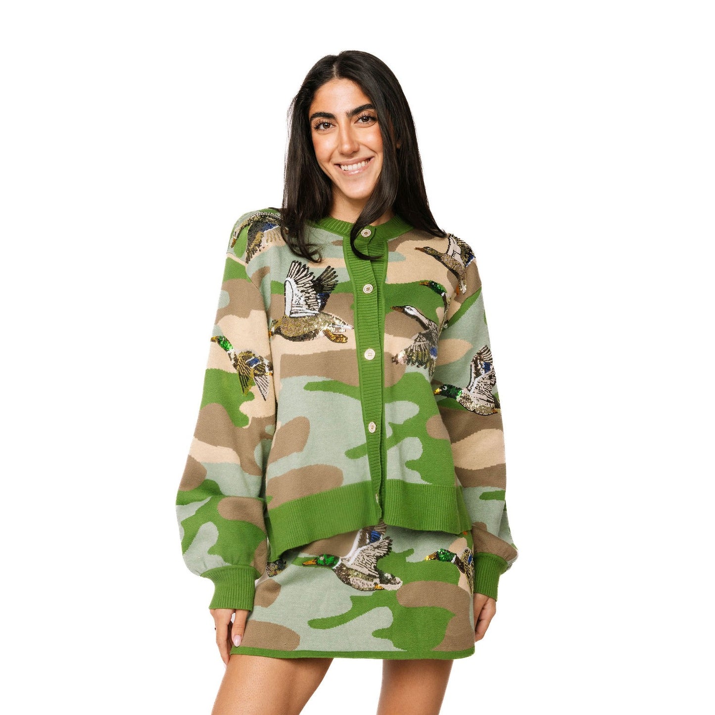 Queen of Sparkles - Camo Flying Ducks Button-Up Cardigan - Green