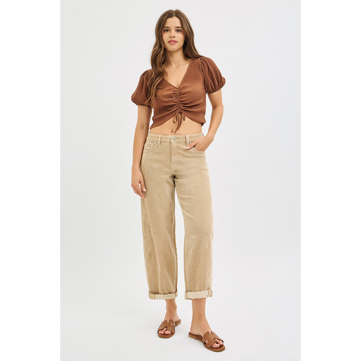 Risen - High Rise Crop, Barrel Corduroy Pants 1167 - Tan