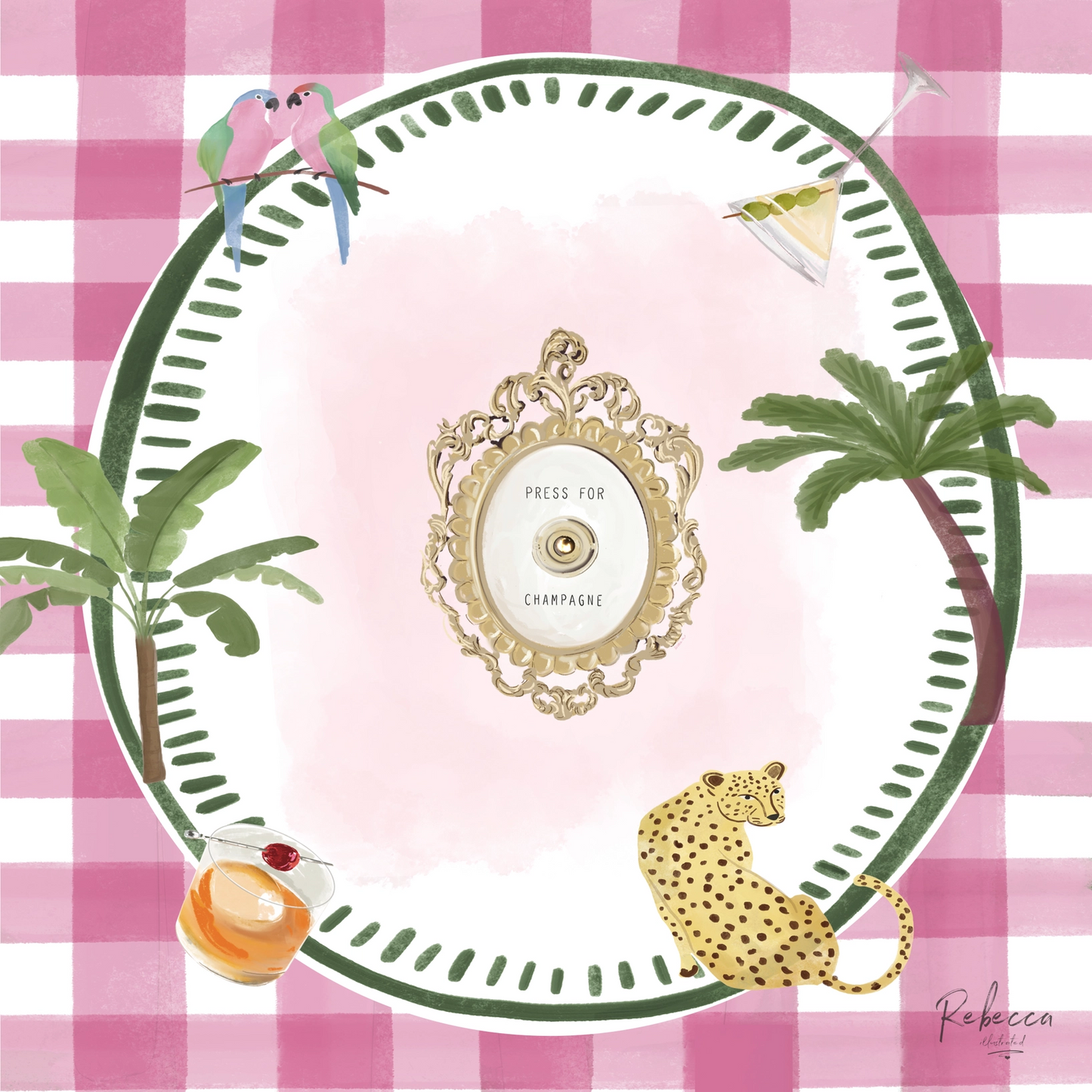 Decorative plate with palm trees, a leopard, and a cocktail on a pink checkered background