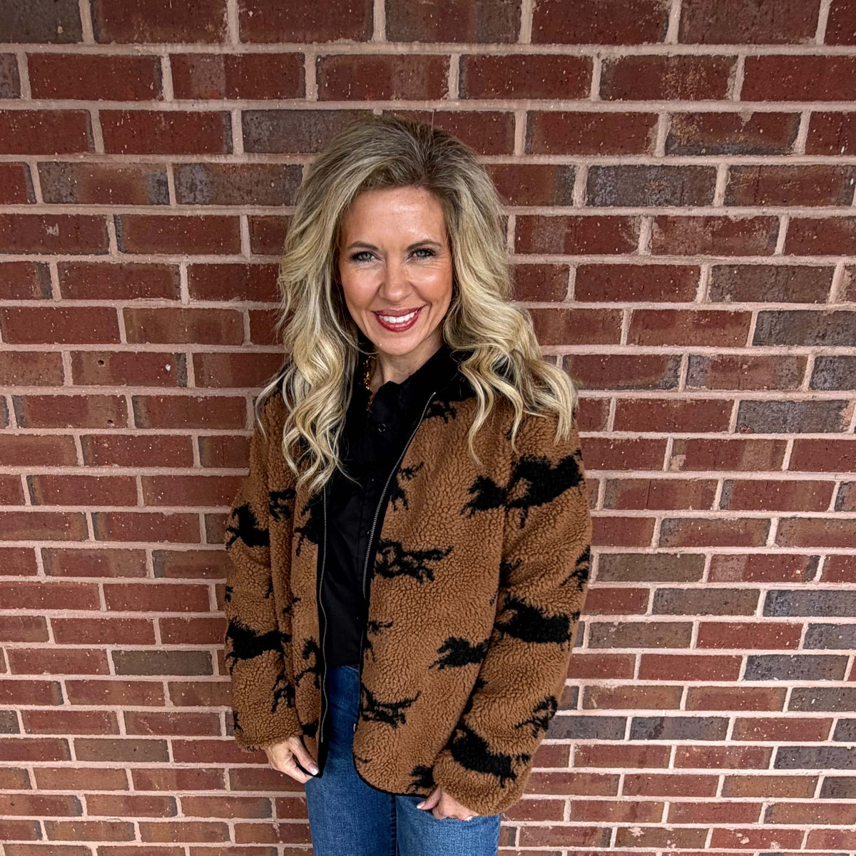 SALE- RDI - JOLINE SHERPA, Zip Front Jacket w Horse Print - Brown - SALE