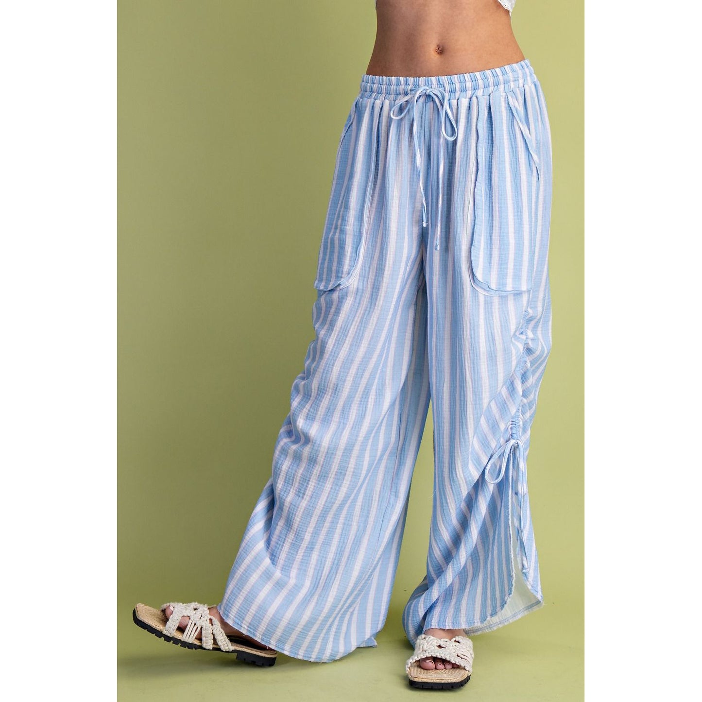 Easel - Striped, Wide Leg, Gauze Pants w Drawstring 0013 - Peri Blue
