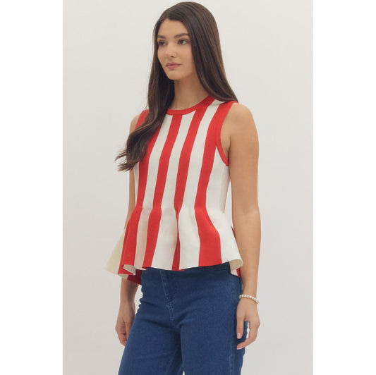 Red & White Striped Sleeveless Peplum Top – Knit Tank 1153