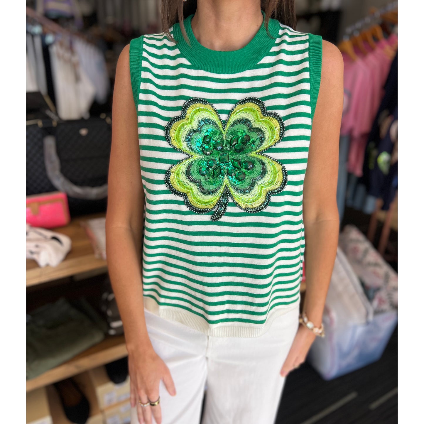 Queen of Sparkles - Striped Shamrock Tank Top 26550 - Green - SALE