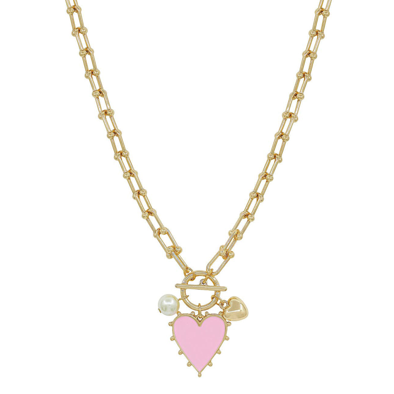 Gold Chain Necklace with Pink Studded Heart Charm 16"-18” Necklace -