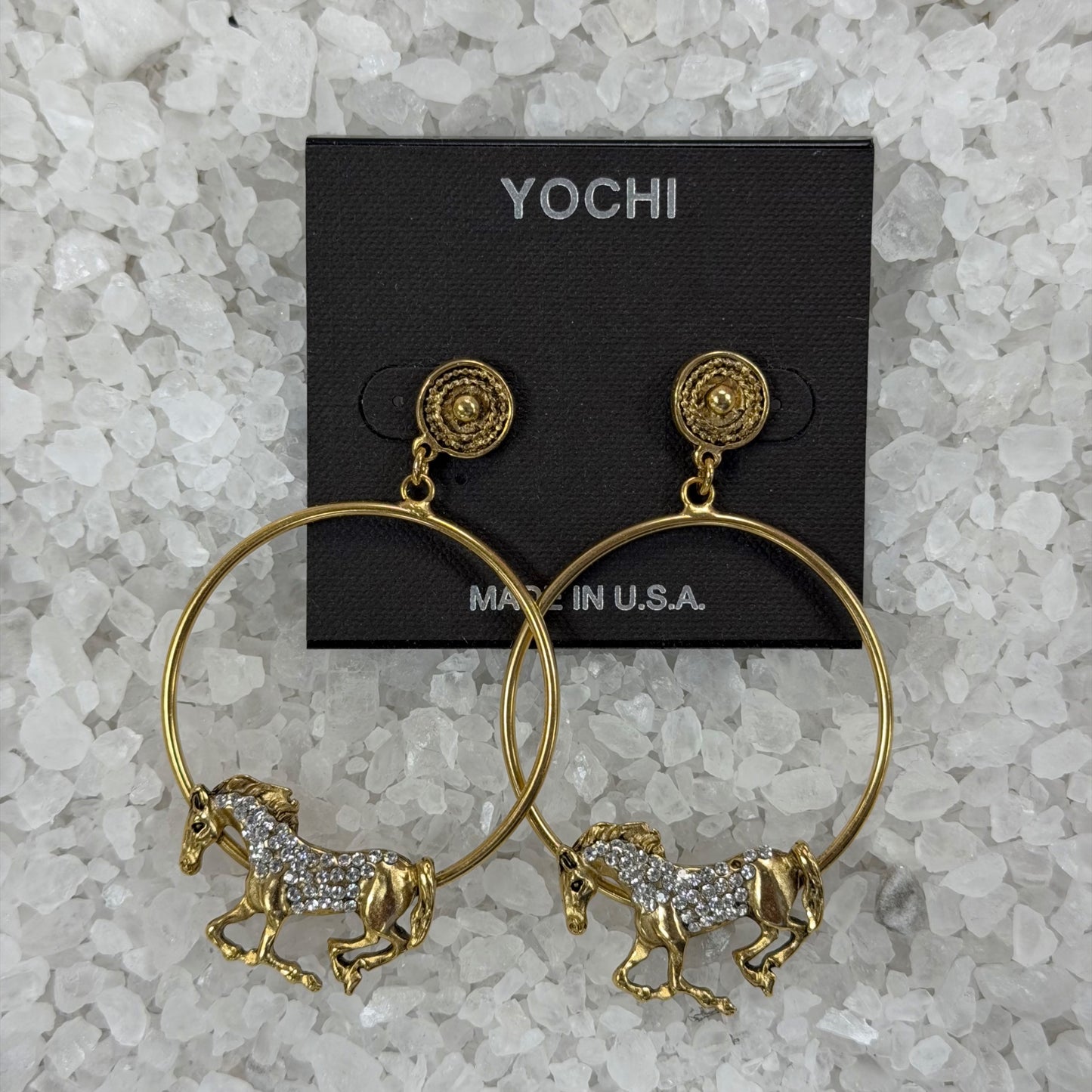 Yochi - Gold Horse Hoop Earrings – Rhinestone Detail
