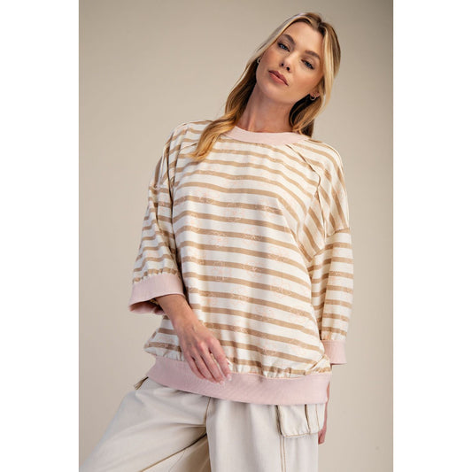 Easel - ¾ Sleeve, Striped Loose Fit Top 9274 - Latte