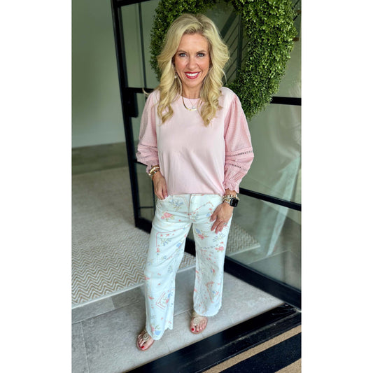 White Cross Stitch Floral Washed Twill Pants 0236