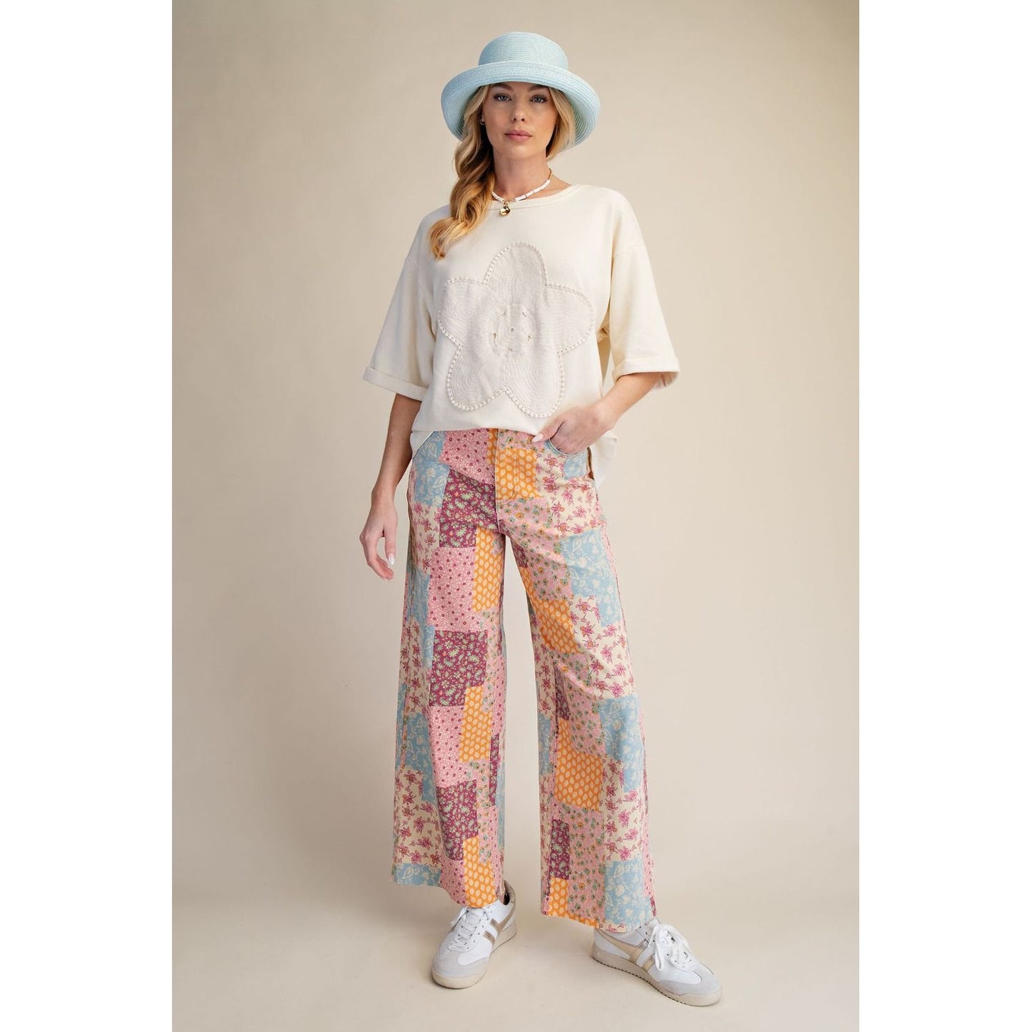 Ivory Floral Patch Washed Terry Top 9025
