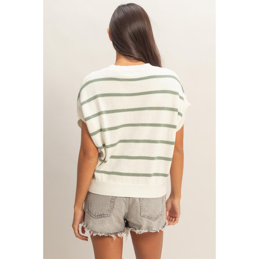 Sage Stripe Knit Top – Crew Neck Short Sleeve Sweater 740
