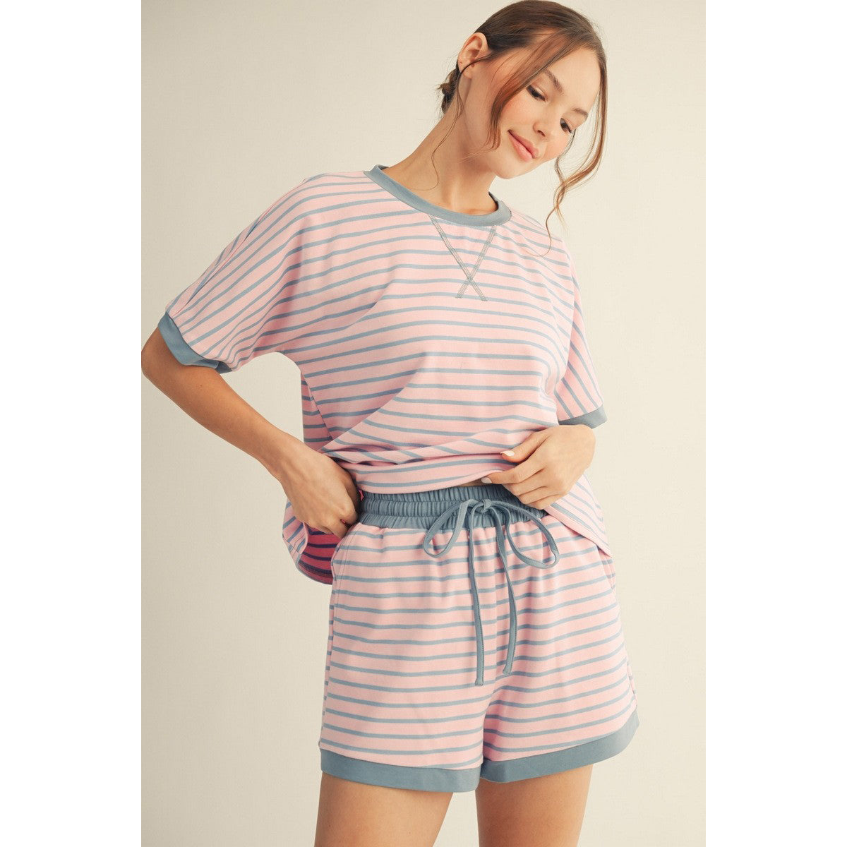 JL - Short Sleeve, Striped Top & Drawstring Shorts Set 5354 - Pink